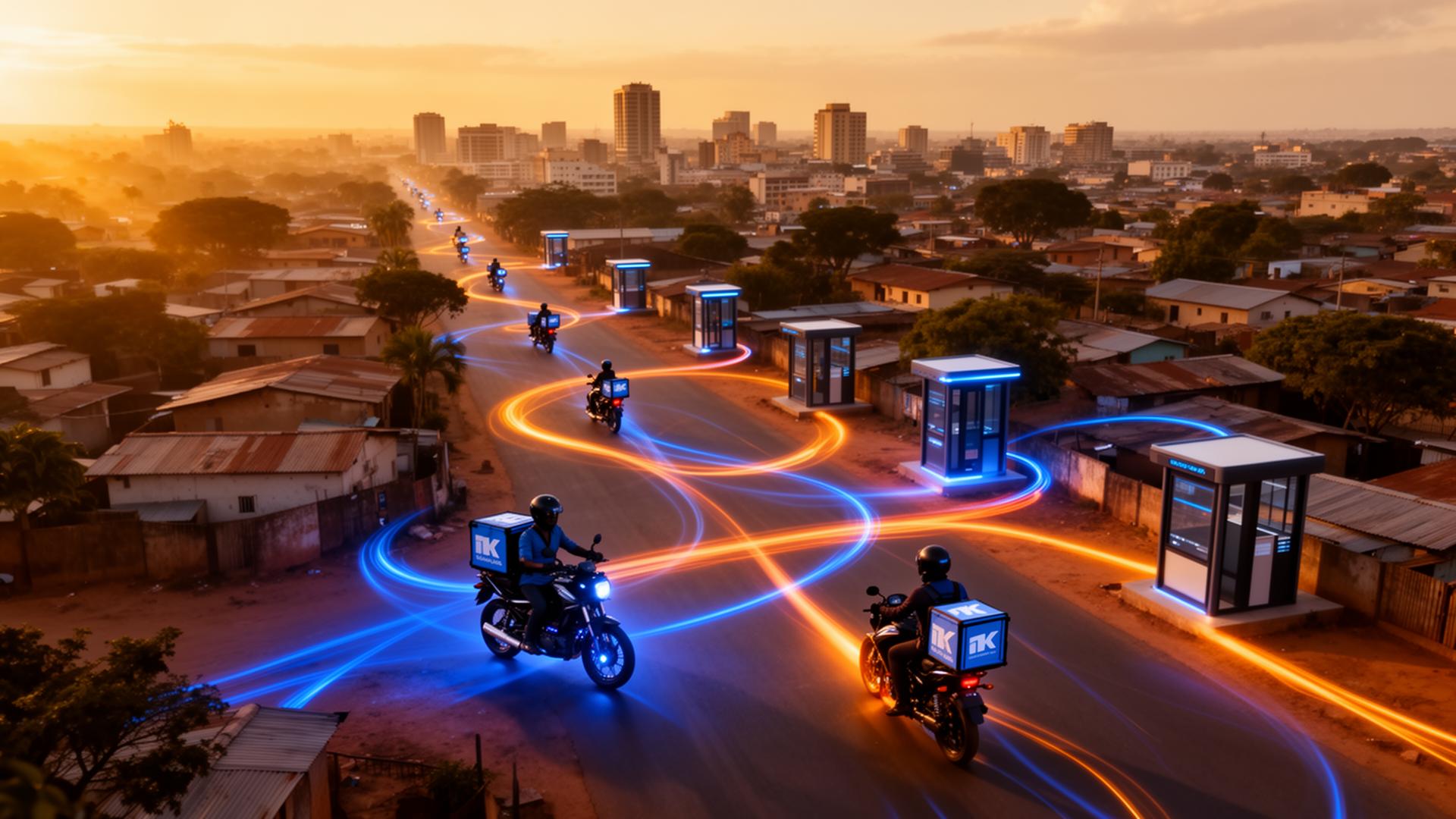 ZIPPOINT delivery network across an African city at golden hour